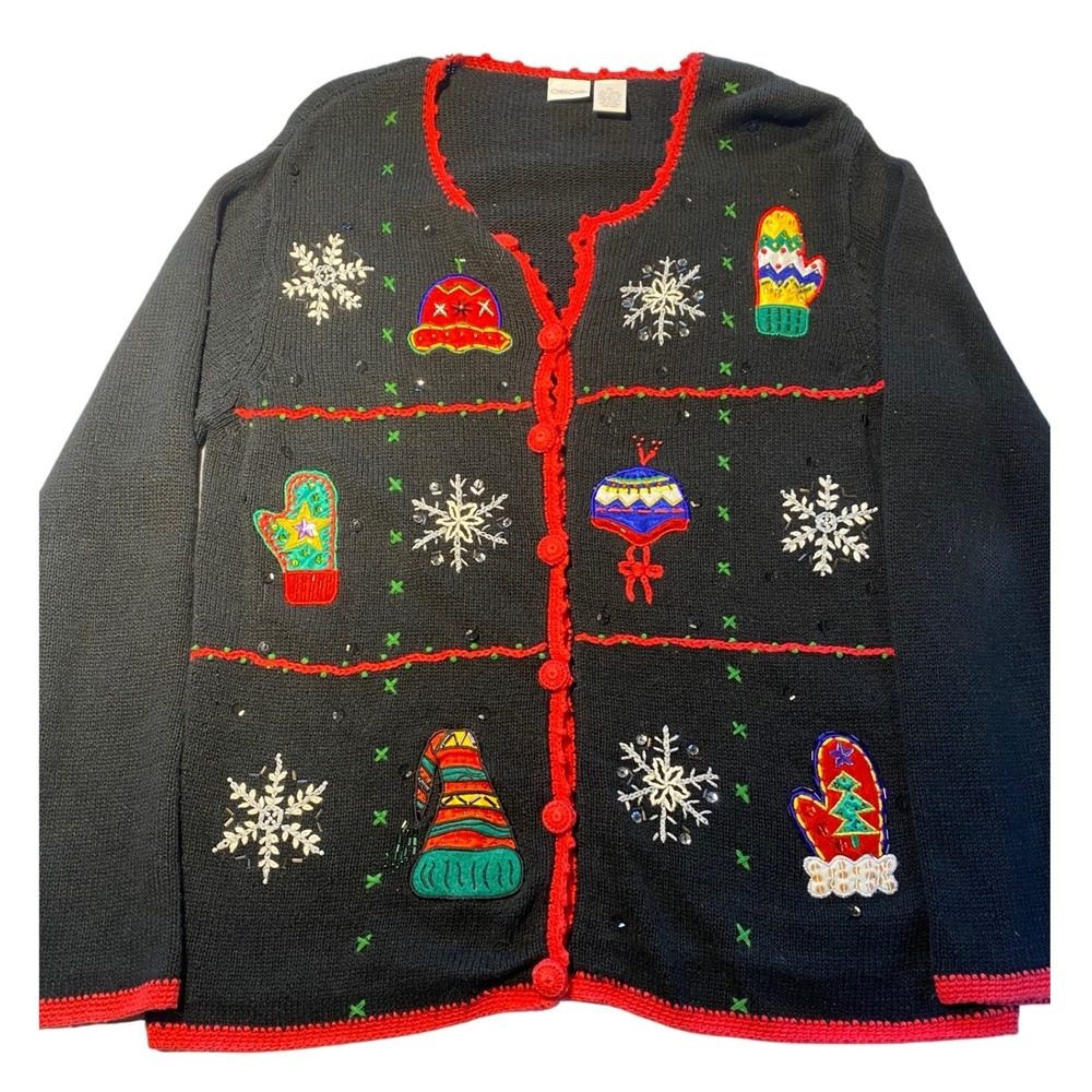 Cherokee Black Ugly Christmas Sweater Cardigan Mitten Snowflake Ornament‎ XL